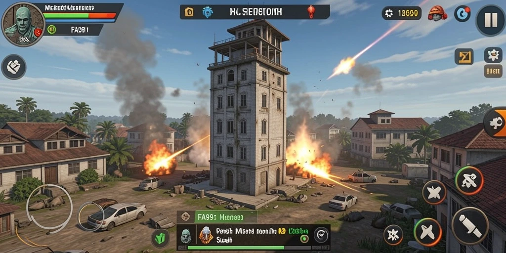 Screenshot gameplay seru dari FA99, menampilkan menara dan serangan musuh.