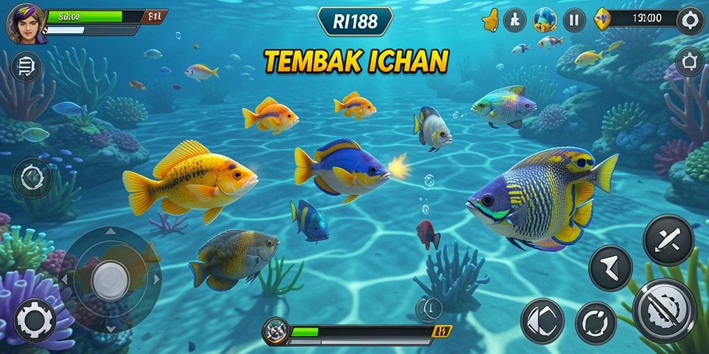 Tampilan gameplay RI188 dengan aksi menembak ikan yang seru.