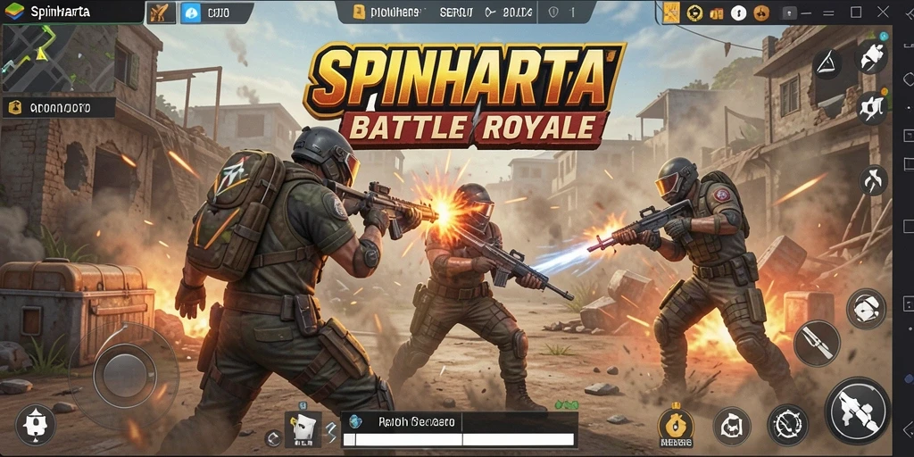 Tampilan mendebarkan gameplay Battle Royale SPINHARTA dengan suasana perang.