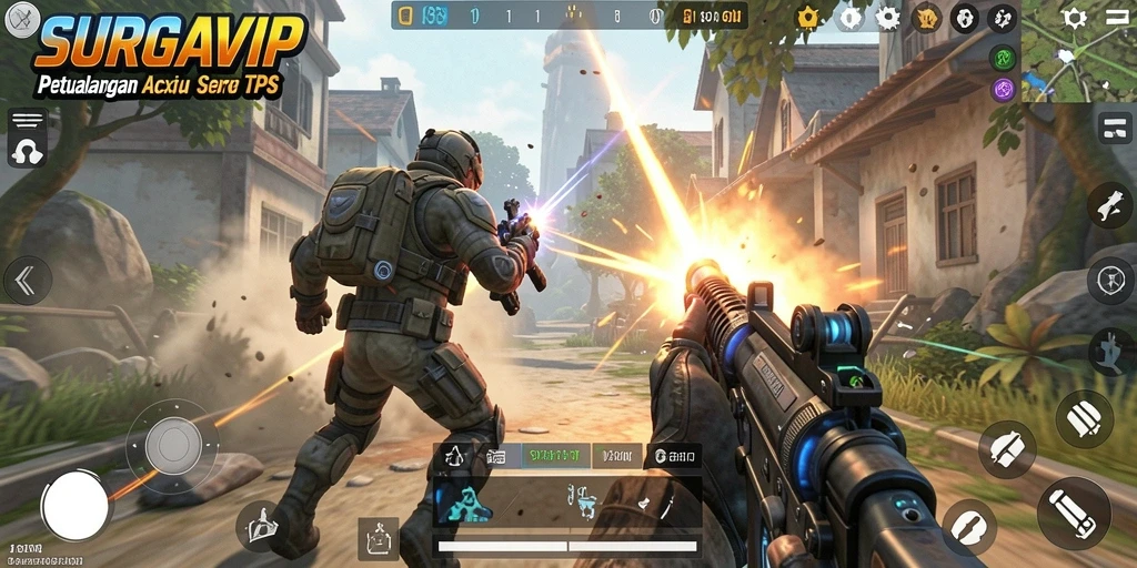 Screenshot gameplay SURGAVIP menampilkan aksi seru dalam pertempuran TPS.